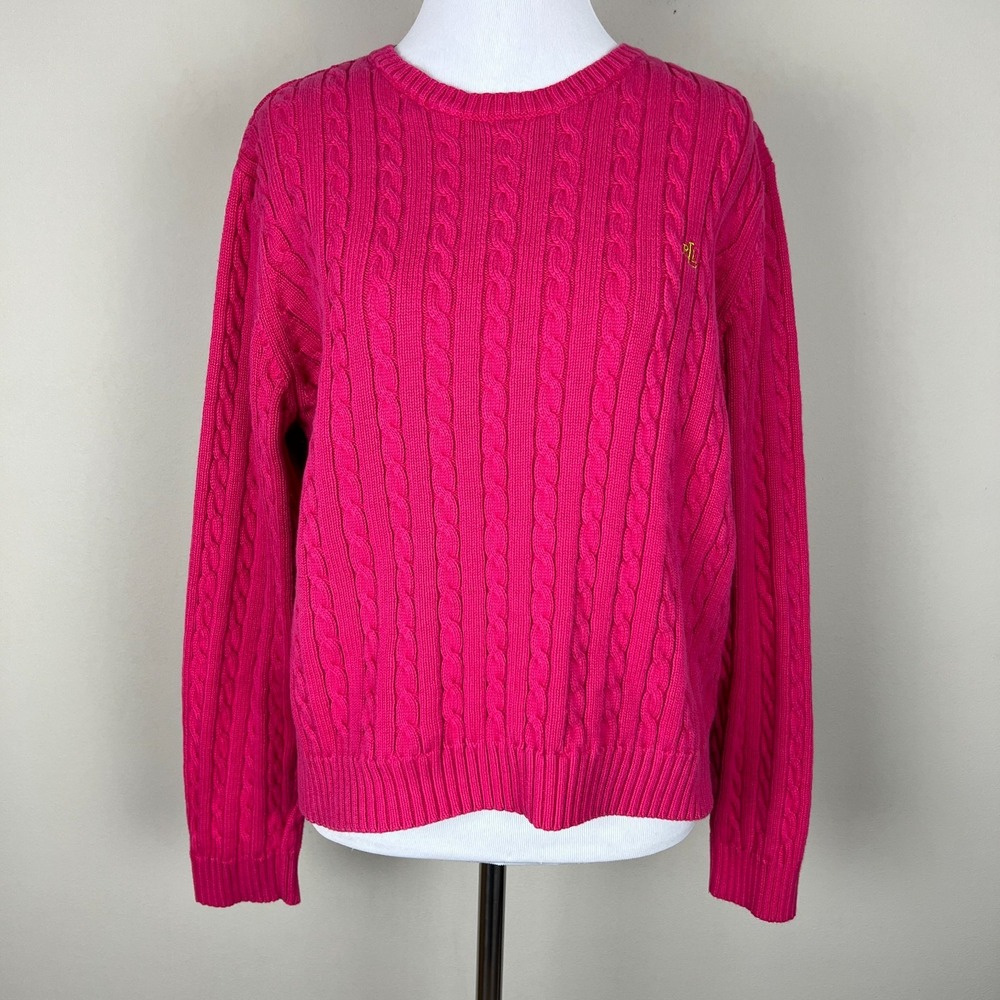 Lauren Ralph Lauren Sweater Women Large Pink Cable Knit Cotton Crewneck Pullover